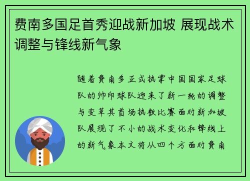 费南多国足首秀迎战新加坡 展现战术调整与锋线新气象